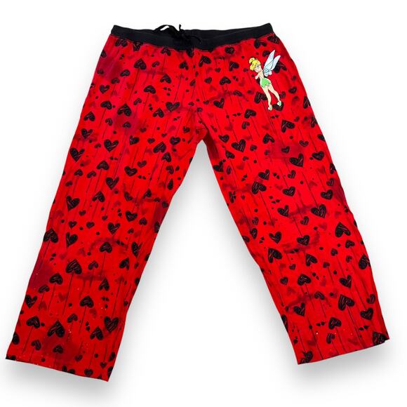 Disneys Tinker Bell Womens Pajama Lounge Pants Capris Red Black Heart Print 2X - Picture 1 of 11
